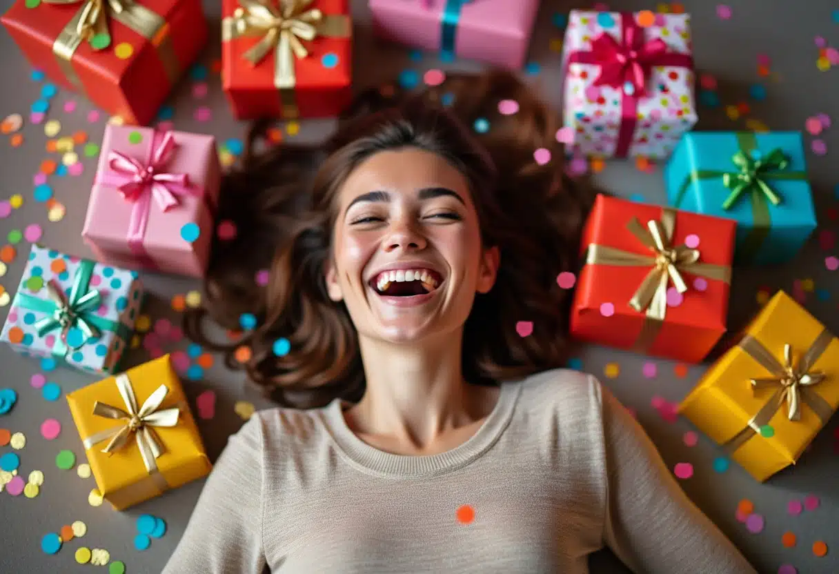 Eine Frau liegt zwischen ihren Geschenken und lacht.