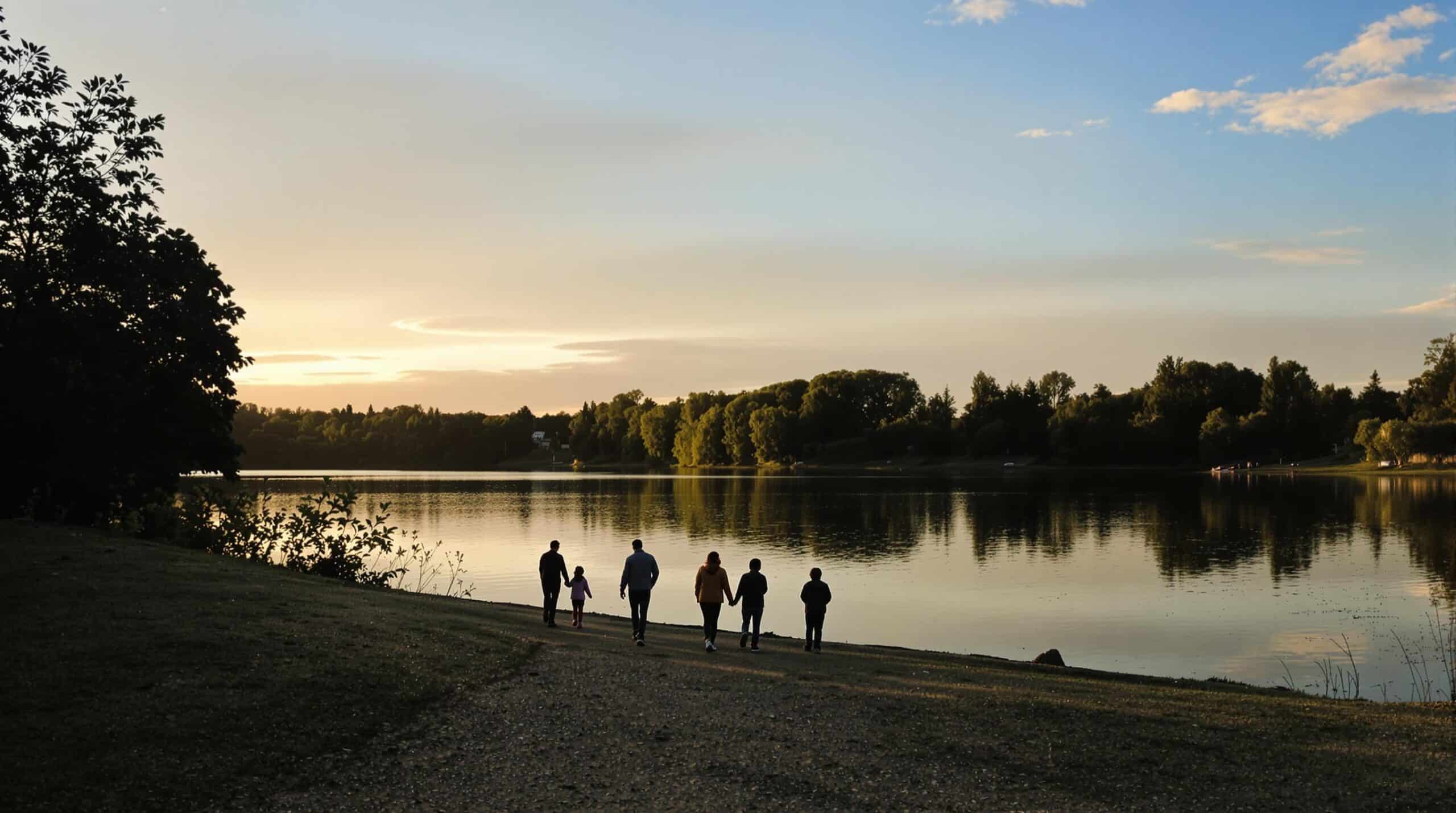 Eine Familie bei Abenddämmerung am See.