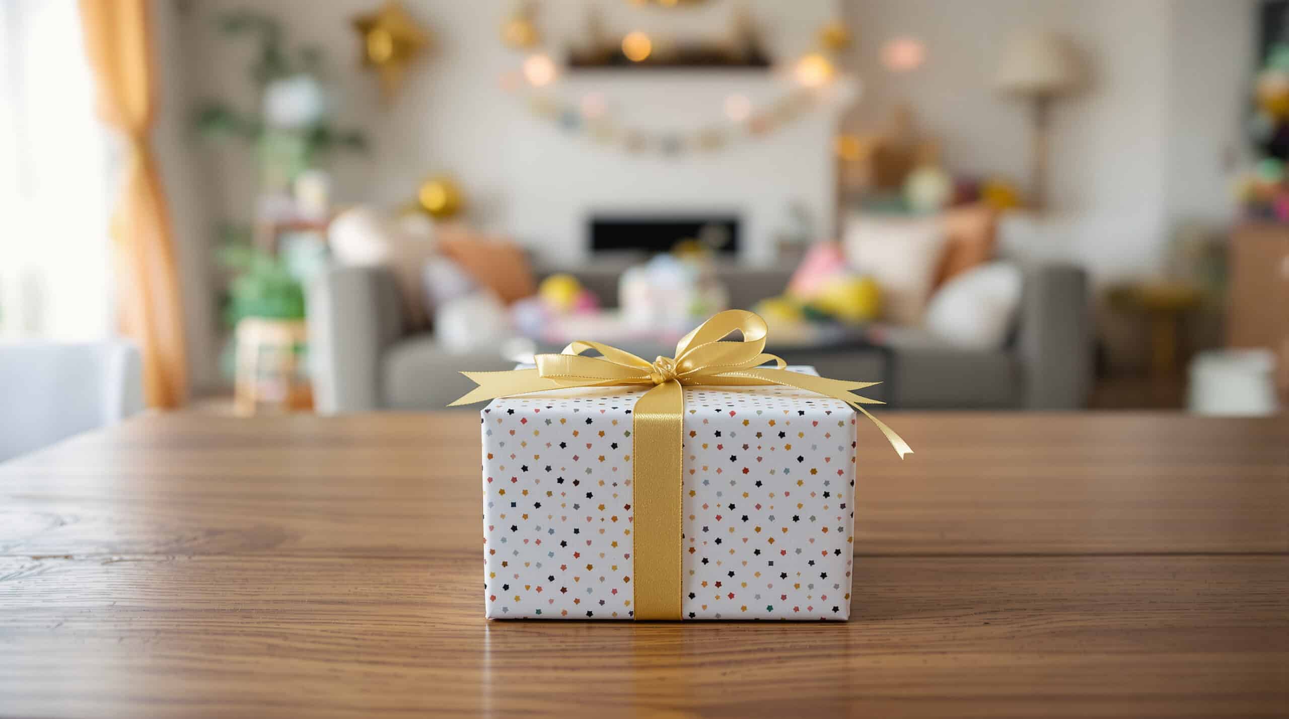 Ein Geschenk liegt auf einem Tisch in einem Raum, das für einen Kindergeburtstag geschmückt wurde.