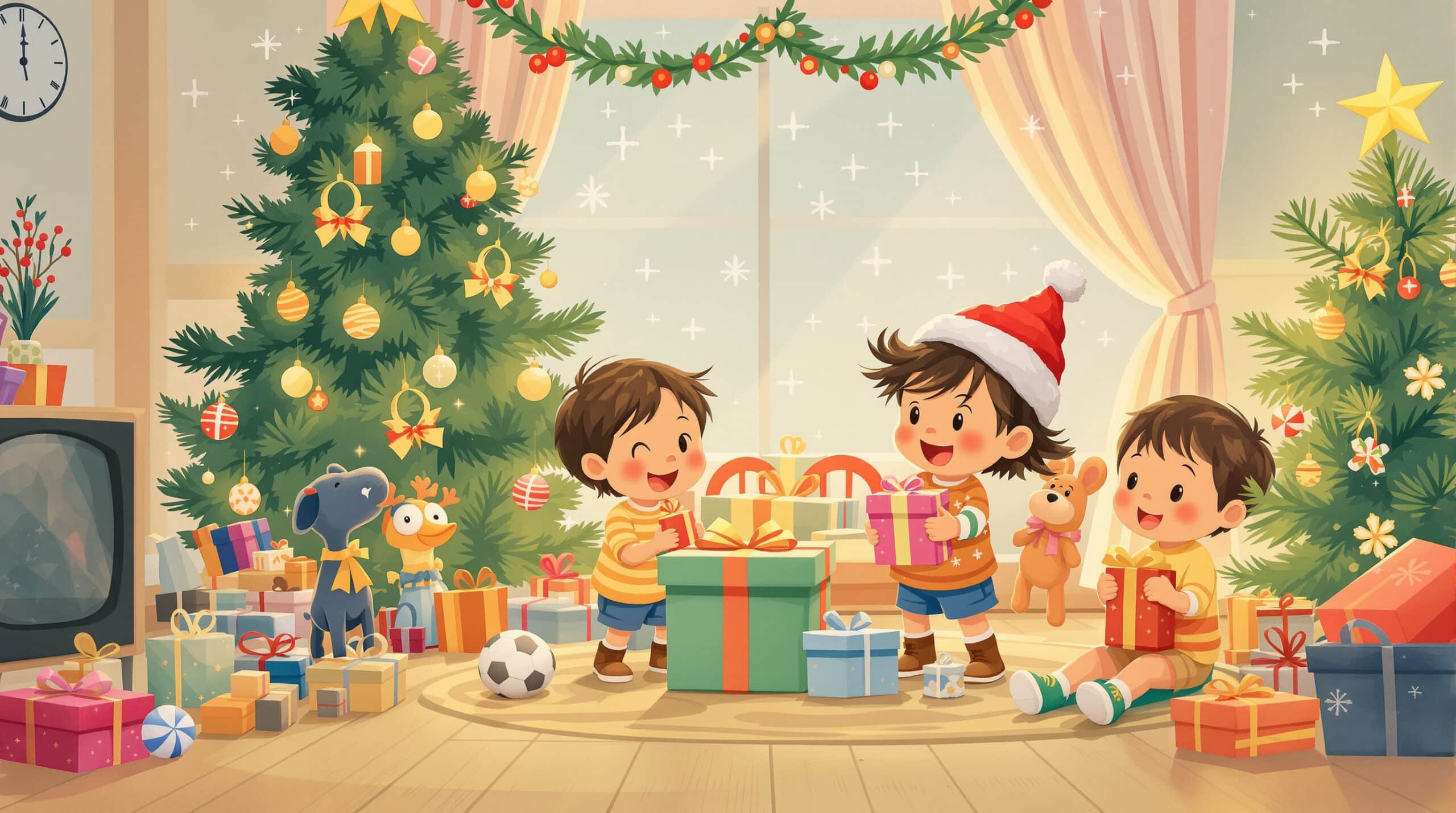 Eine Illustration von Kindern, die an Weihnachten neben dem Weihnachtsbaum Geschenke auspacken