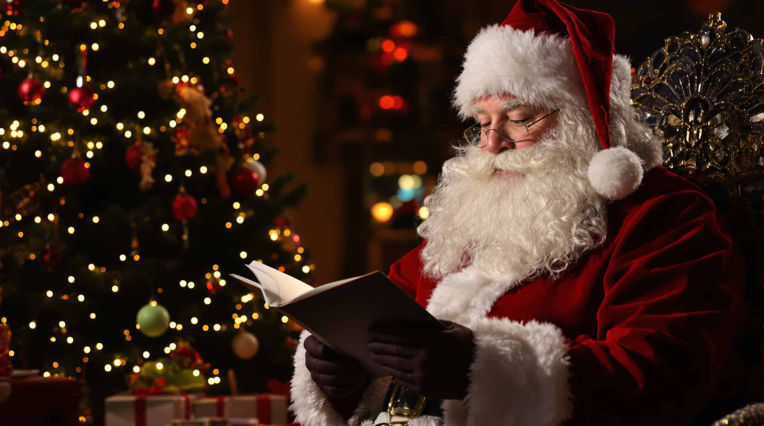 Der Weihnachtsmann empfängt an seiner Adresse einen Wunschzettel und ließt ihn vor einem Weihnachtsbaum