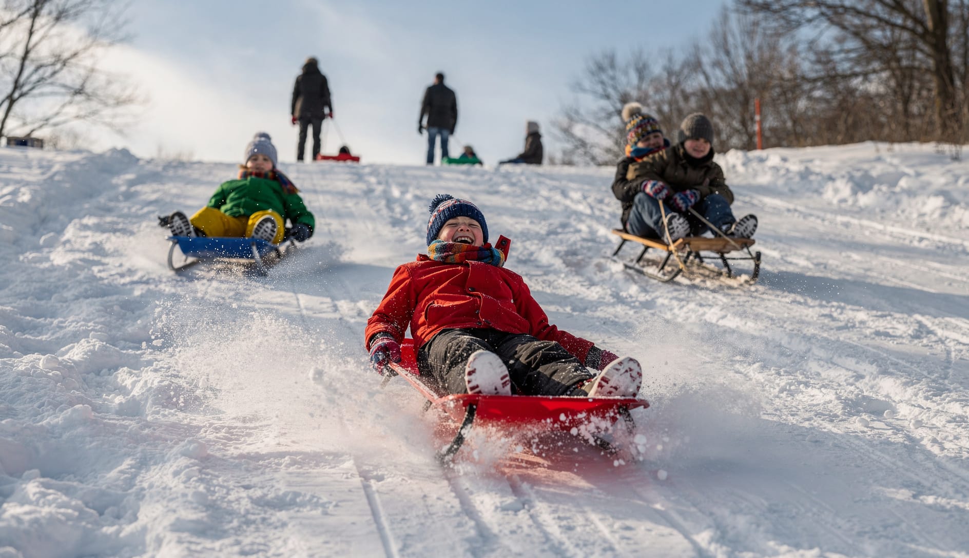 Mehrere Kinder fahren auf ihren Schlitten einen mit Schnee bedeckten Abhang herunter und haben dabei viel Spaß.