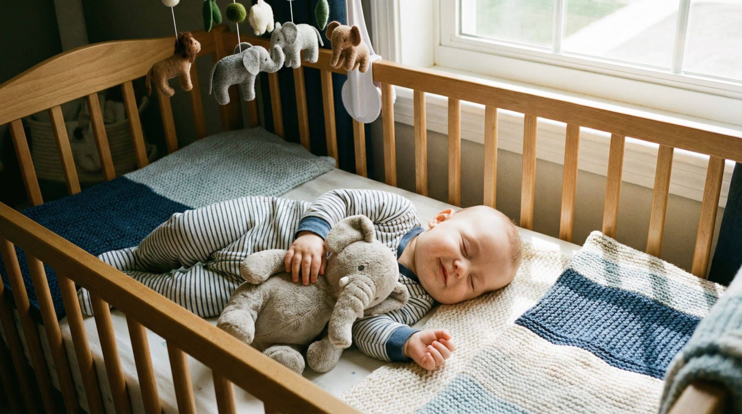 Ein Baby schläft in seinem Babybett und kuschelt mit einem Kuscheltier