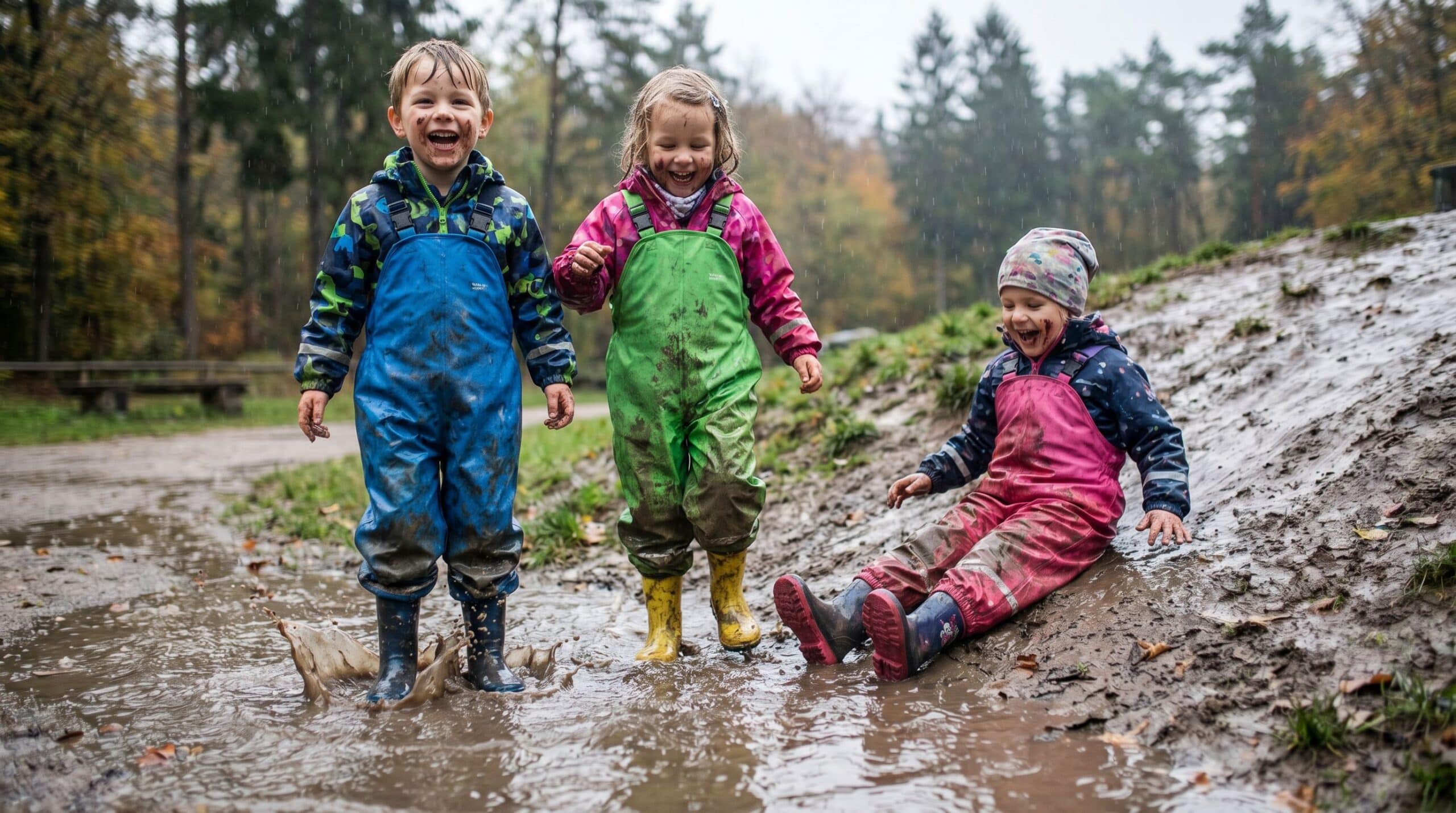 Kinder in Matschhose beim Spielen in Pfützen