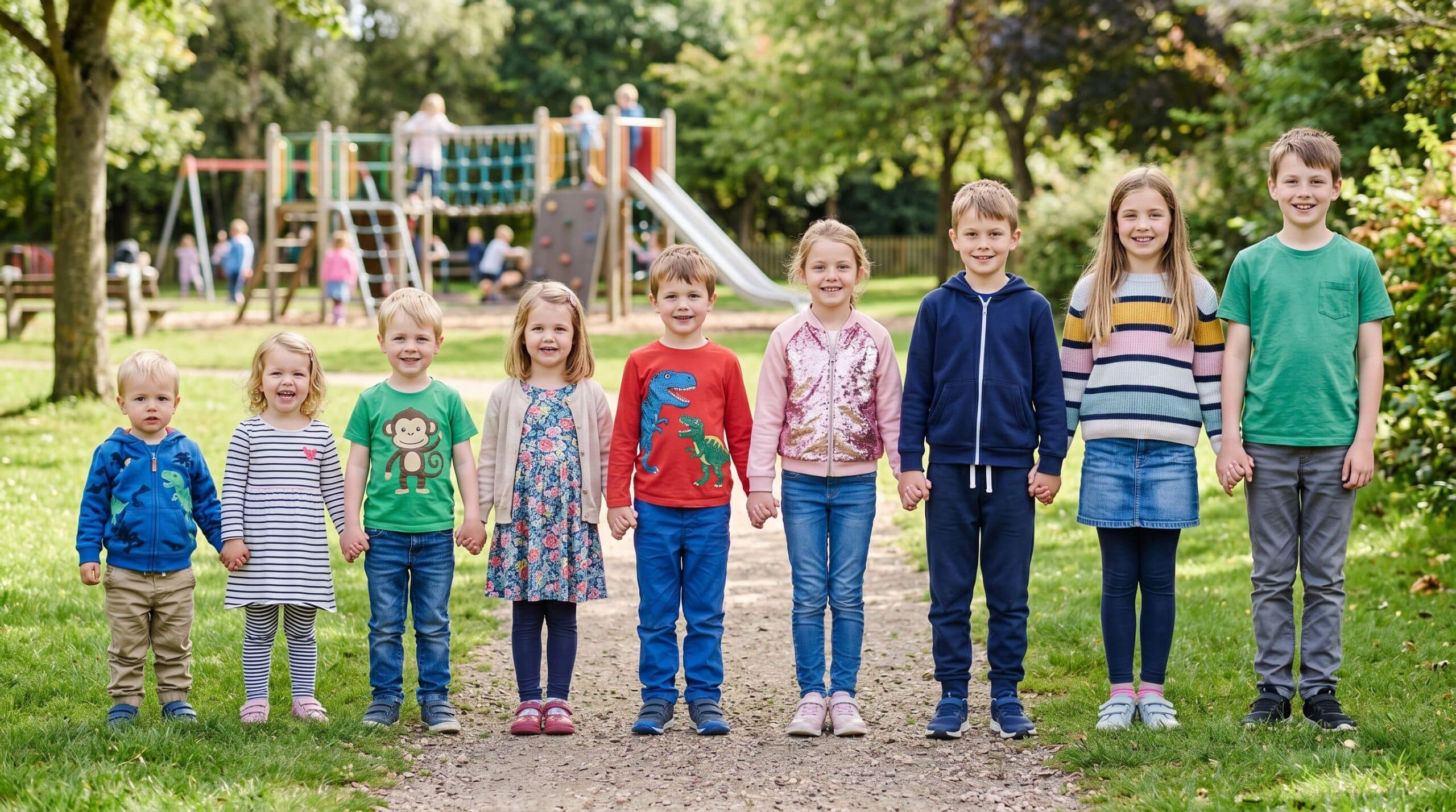 Kinder in unterschiedlichem Alter stehen nebeneinander.