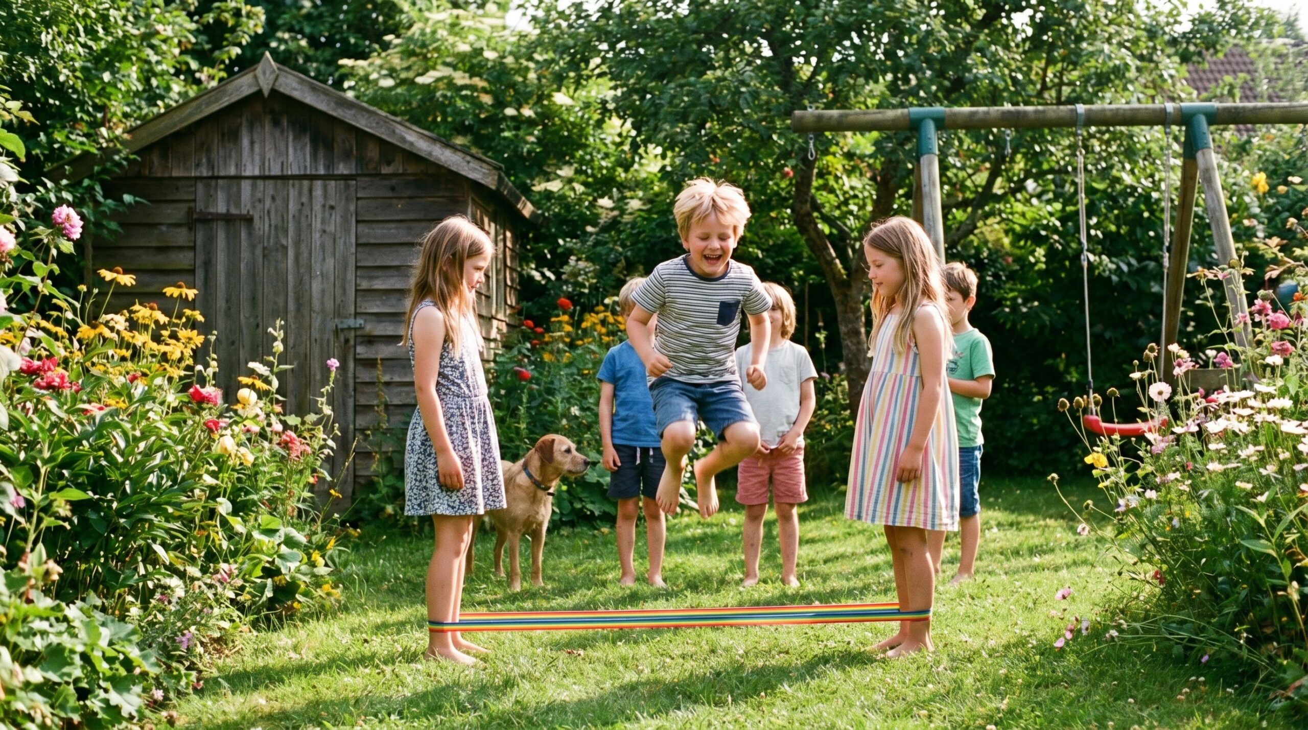 Kinder spielen Gummitwist in einem Garten