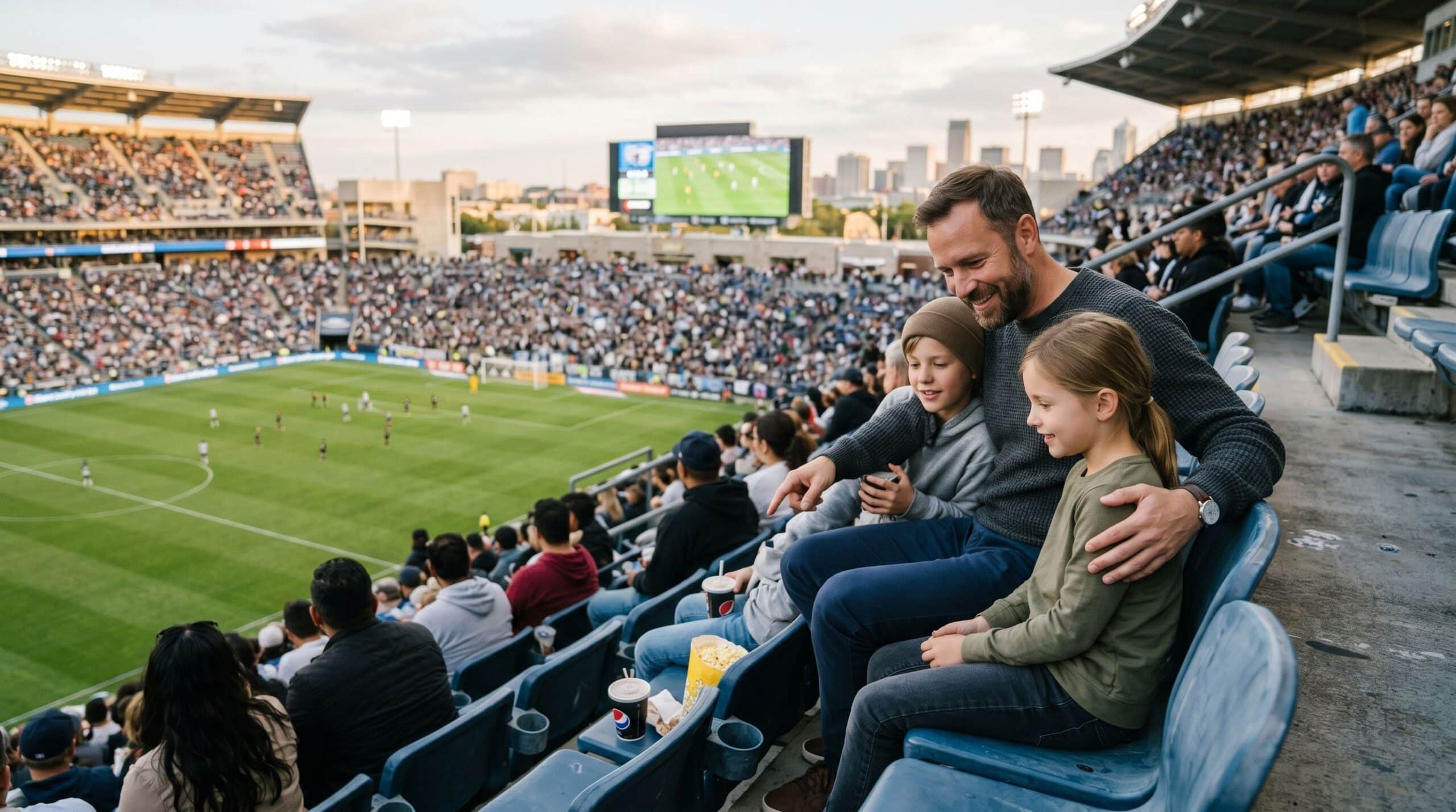 Ein Vater sitzt mit seinen 2 Kindern in einem Fußballstadion