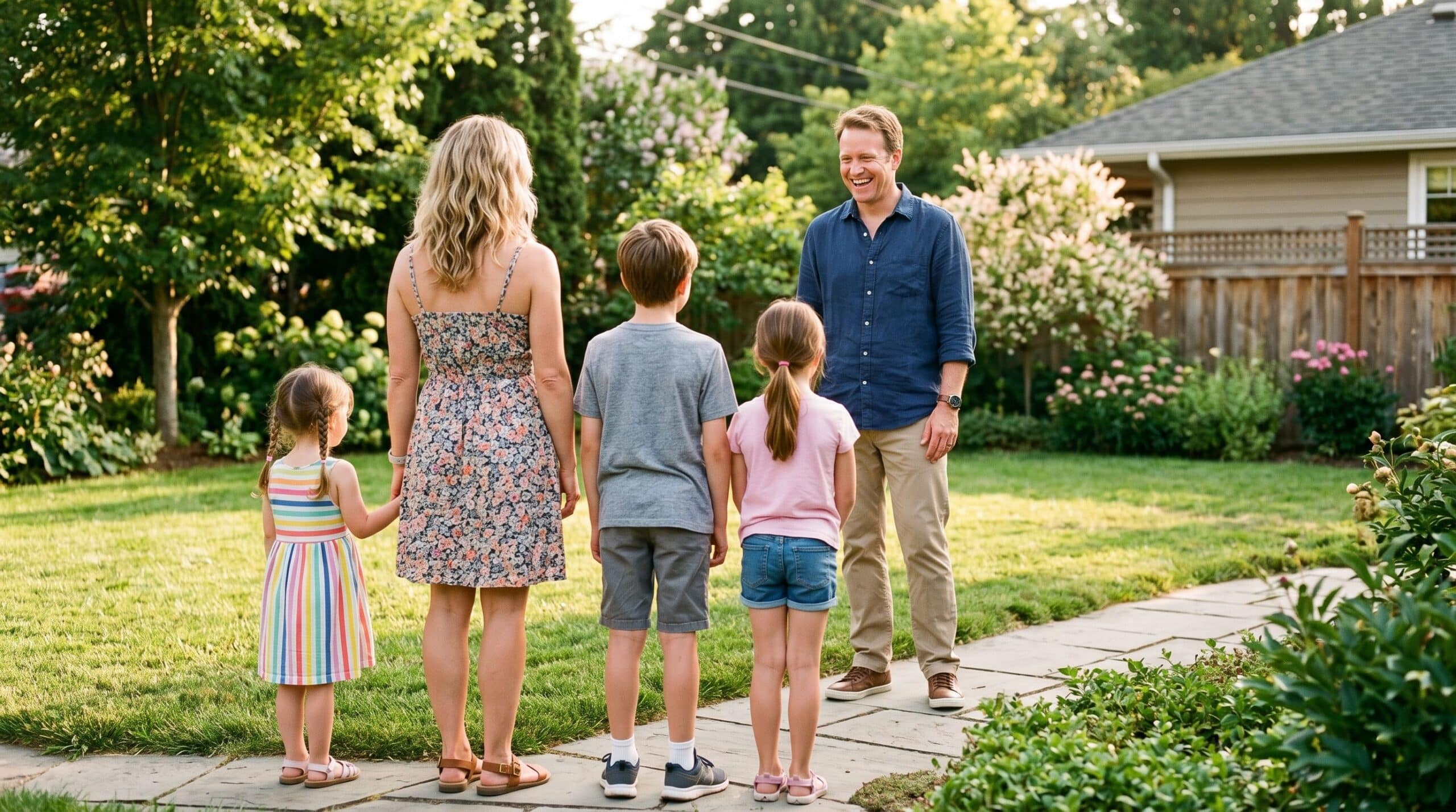 Ein Vater steht vor seiner Familie und freut sich darüber.